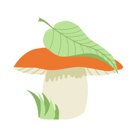 Mushroom simple vector illustration. Mushroom in summer with a leaf on a hat hand drawnのイラスト素材