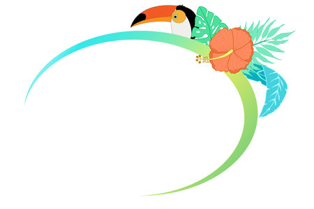 Tropical frame for text with toucan. Vector illustration of text box template with palm leaves.のイラスト素材