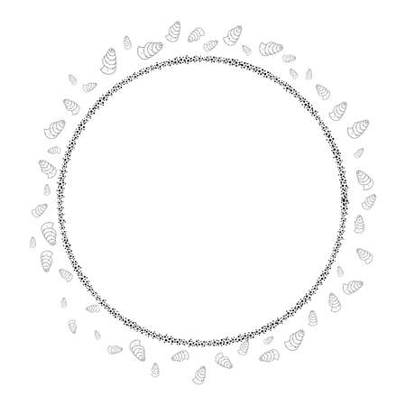 Seashell vector frame for text. Round frame for text with shells and sand monochrome.のイラスト素材