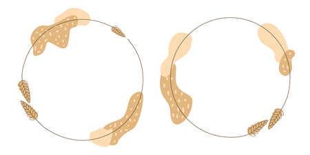 Set of vector frames with ears of wheat and abstract figures. Text forms agroindustry, farmのイラスト素材