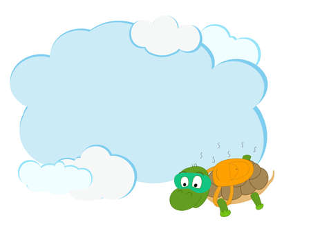 Frame for text with the character of a turtle that jumps with a parachute. Vector text form in cartoon style. Hand-drawn comic turtleのイラスト素材