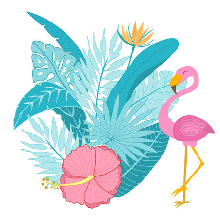 Cartoon flamingo character with tropical leaves and flowers composition isolated on white background. Beautiful flamingo print for postcard and t-shirt printのイラスト素材