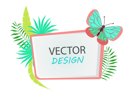 Cartoon frame for text with palm flowers and butterfly. Tropical frame for text with butterfly. Text form for simple text in cartoon styleのイラスト素材