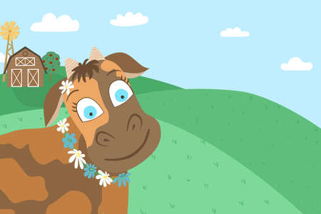 Cartoon character of a cow with flowers and a farm landscape with a hangar in the background. Agriculture and farming vector background with copyspaceのイラスト素材