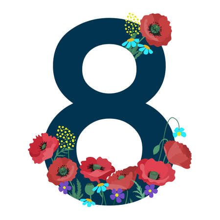 Numeral 8 with hand drawn flowers. Flowers poppies, daisies and other spring flowers with the number 8 on a white background. Greeting card design for March 8 for a womanのイラスト素材