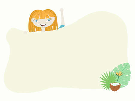 Vector frame for childrens text. Girl character with red hair with place for plain text. Postcard designのイラスト素材