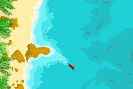 Seascape top view vector illustration. Sea beach, stones, palm trees. Surfer swims on the boardのイラスト素材