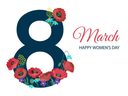 March 8 Womens Day greeting card. Design of a creative banner congratulations to the womens day on March 8. Vector illustration template with flowersのイラスト素材