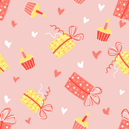 Valentine's day pattern seamless vector. Gift boxes and cupcakes pattern for birthday. Pattern for...