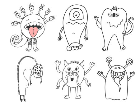 Doodle monsters set. Vector illustration of cute hand drawn monster characters. Comic monster skeich characterのイラスト素材