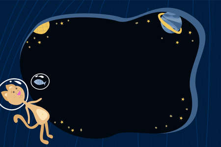 Cute background template with space. Space frame for text. Astronaut cat hand-drawn character. Cartoon vector template with space for text and inscriptionのイラスト素材