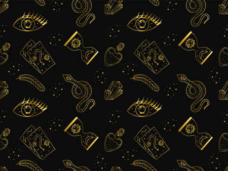 Magic pattern. Seamless vector black and gold pattern on the theme of magic,   divination and astrology. Vector seamless pattern astrologyのイラスト素材