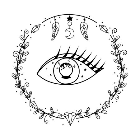 Oracle and foresight of the future doodle illustration. Witch symbols vector illustration. Orb of foresight and the all-seeing eyeのイラスト素材
