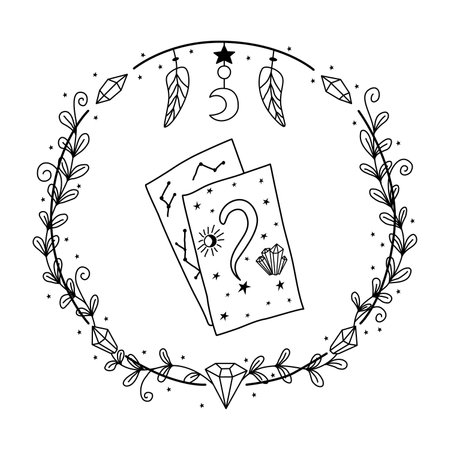 Divination cards vector hand drawn doodle illustration. Oracle and prediction of the future on the maps. Symbols of witches and accultismのイラスト素材