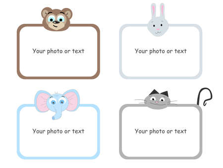 Set of vector cartoon frames with animal heads. Rectangular children's frames for photos or for textのイラスト素材