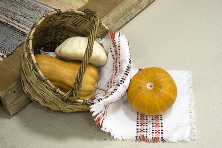 Pumpkins in a basket with a light towelの写真素材