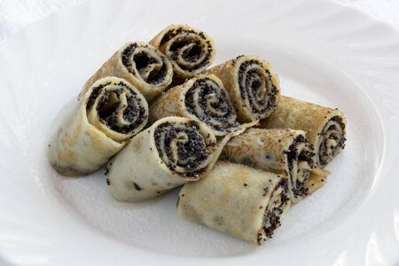 Pancakes sliced rolls with poppy seed filling.の写真素材