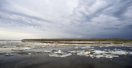 Ice floe floating on the river in the spring.
