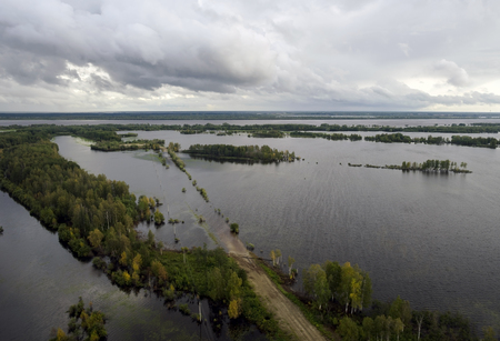 The Ob River.The view from the air during the flood.の写真素材