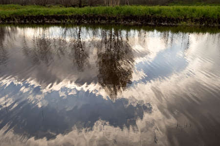 The overcast sky reflected in lake in autumn.の写真素材