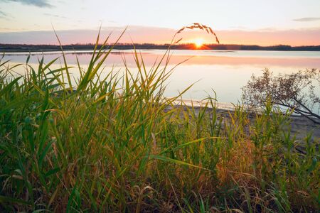 Sunset on the river. Autumn landscape . Siberia