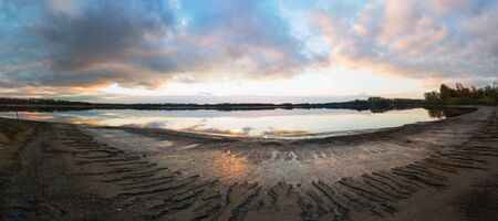 Sunset on the river. Autumn landscape . Siberia. Panorama.の写真素材