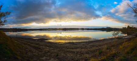 Sunset on the river. Autumn landscape . Siberia Panorama