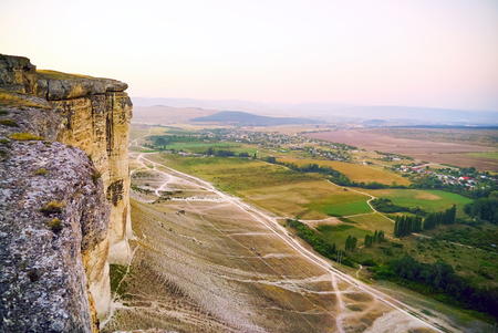 View from the White Rock to the mountains in the early morning. Crimea. Russia.の写真素材