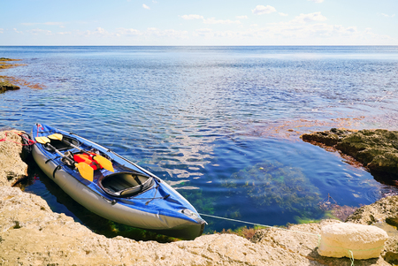 Black sea landscape on a bright Sunny day . Tarkhankut, Crimea, Russia.の写真素材