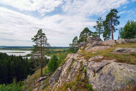 Pine trees on a rocky cliff . River Hellenici , Karelia.の写真素材