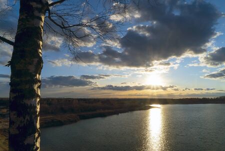 Sunset over the lake in spring. Vsevolozhsk. Leningrad regionの写真素材