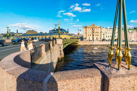 Saint Petersburg, Panteleimon bridge over the Fontanka river is decorated with gilded patterns of sculptures and lanternsのeditorial素材