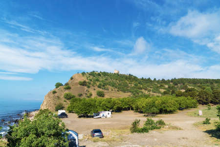 A place for camping on the beach with caravans. Crimea. Choban-kuleの写真素材
