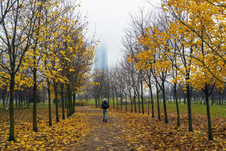 Autumn Park named after the 300th anniversary of St. Petersburg with a view of the Lakhta Center....