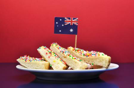 Australia Day January 26, celebrate with traditional Aussie tucker food such as fairy bread with an Australian flag の写真素材
