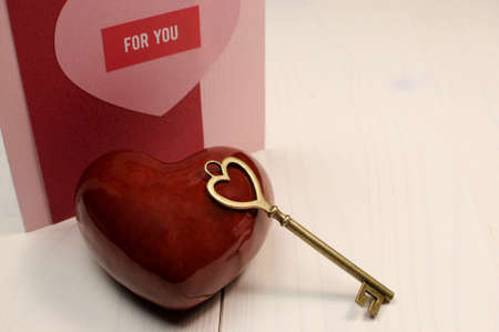 Red and pink handmade gift card with heart and key with red heart,  key to my heart  Valentine の写真素材