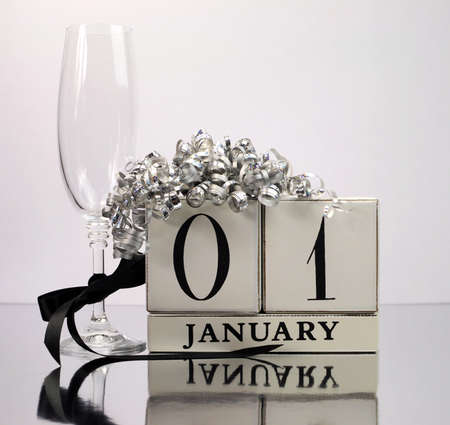 White theme Save the date with a Happy New Year, January 1, block calendar の写真素材