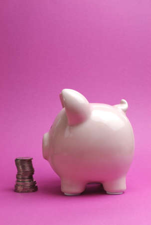 Pretty pink piggy bank with stack of coins for Savings and Shopping Sale concept  vertical with copy space for your text here の写真素材