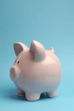 Pretty pink piggy bank against a blue background for Savings and Shopping Sale concept  vertical with copy space for your text here の写真素材
