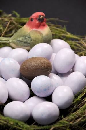 Close-up of chocolate Easter egg among sugar coated candy marble eggs in moss birds nest against a black background  Vertical portrait orientation の写真素材