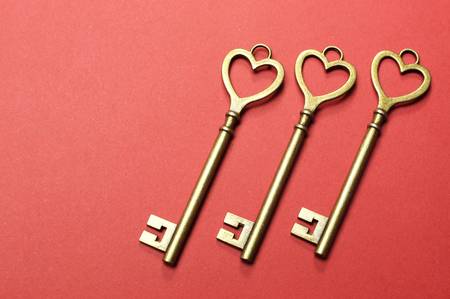 Three Keys for  keys to my heart ,  keys to my success  or business  key performance indicators  concept, on red background  Horizontal with copy space for your text here の写真素材