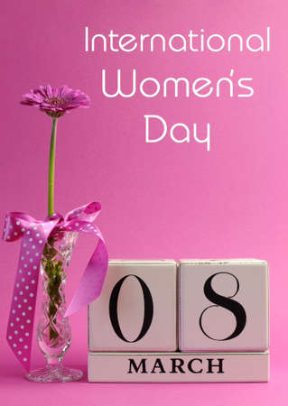 Pink theme Save the Date white block calendar for International Women s Day, March 8, decorated with flower, vase and polka dot ribbon  Vertical with title message の写真素材