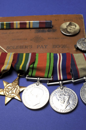 WWII Australian military army corps medals and memorabillia for ANZAC Day April 25, Remembrance Day November 11, or Australian militaryのeditorial素材