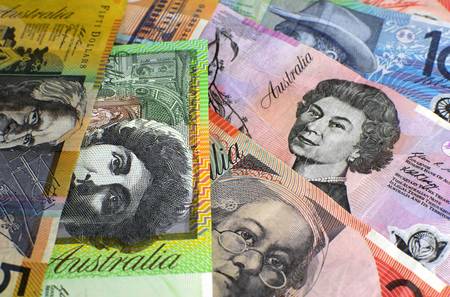 Australian paper money, including one hundred, twenty, ten, five and fifty dollar notes against a...