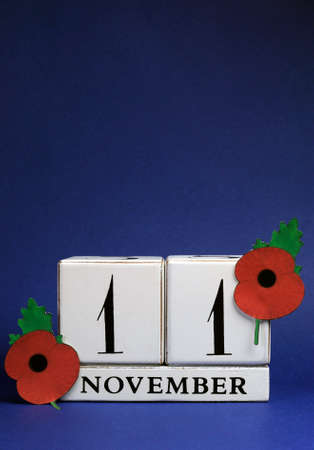 November 11 with red Flanders Poppies against a dark blue background.