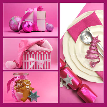 Pink Christmas theme collage of festive gifts, baubles, santa hat, gingerbread men, and dining table place setting.の写真素材