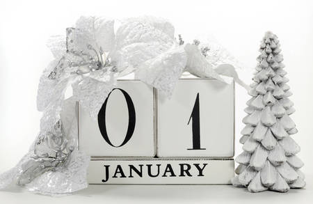 Save the Date calendar with white winter theme colors, snow covered pine tree, and poinsettia...