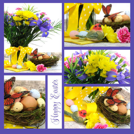 Collage of 5 images and sample text of beautiful Happy Easter spring flowers with eggs in birds nest and butterfly on white background の写真素材