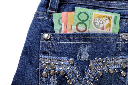 Australian money in back pocket of feminine ladies rhinestone decorated jeansの写真素材