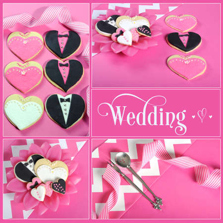 Wedding collage of four pink, black and white bride and groom heart shape cookies on modern table setting with sample text の写真素材
